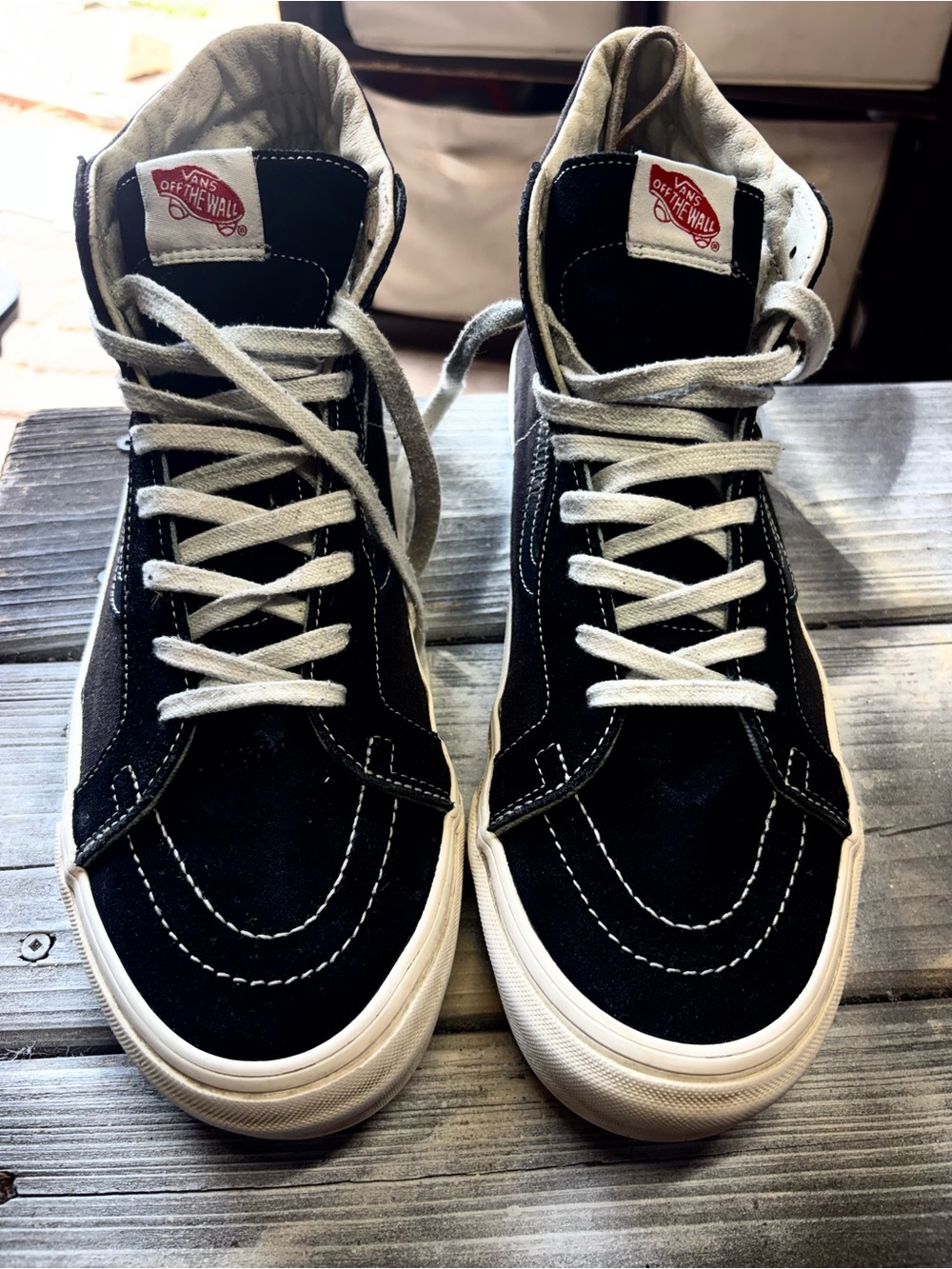 Black Vans Sk8-Hi sneakers with white stitching #skateboarding #skate size13